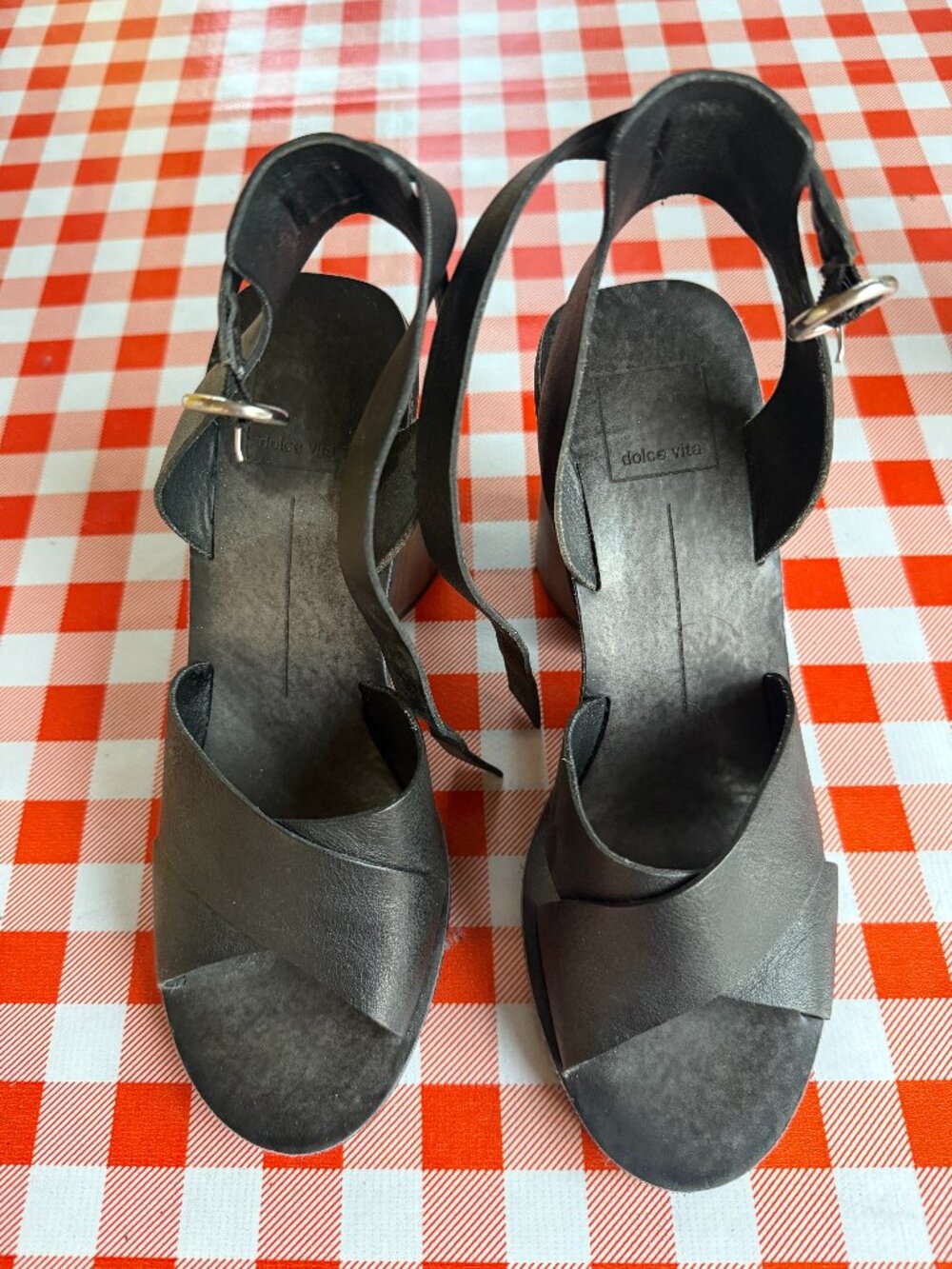 Dolce Vita Black Leather Crisscross Wood Block Heel Sandals